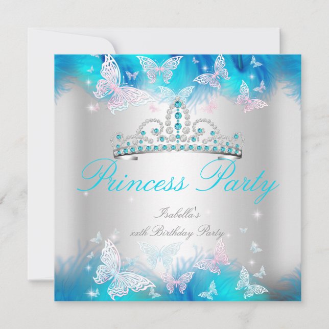 Convites Festa da Princesa Rosa Azul Turquesa Tiara Borbole (Frente)