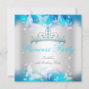 Convites Festa da Princesa Rosa Azul Turquesa Tiara Borbole
