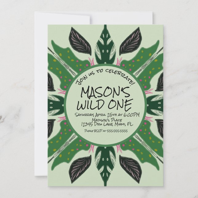 Convites Festa da Zoo com Ilustrações de Selva Desenhadas à (Frente)