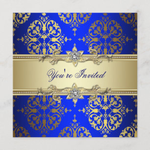 Convites Festa Damasco Azul Dourado