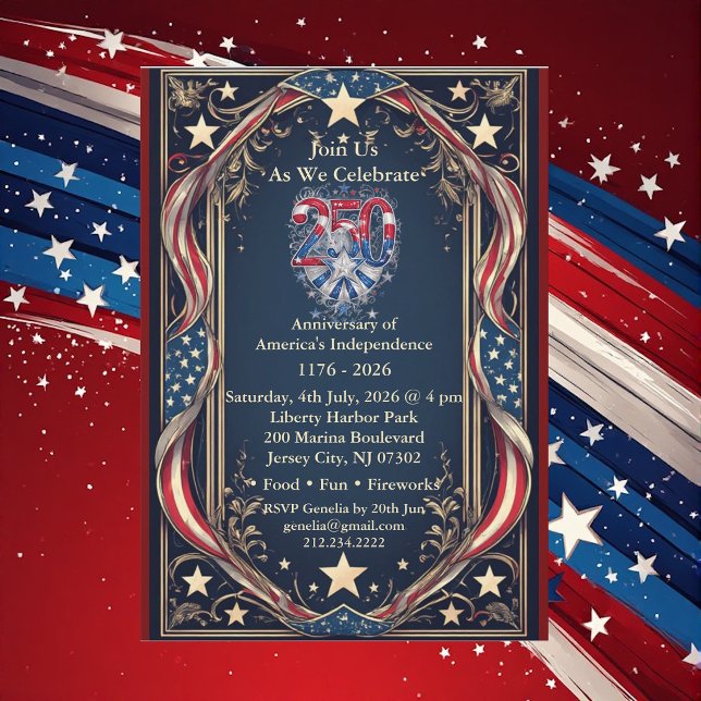 Convites Festa das Estrelas e Listras do 250º Aniversário d (Americana 250 Anniversary Stars and Stripes Party Invitation)