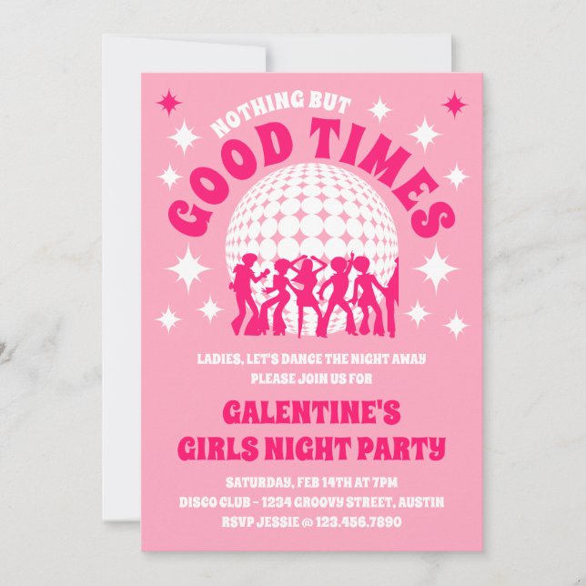 Convites Festa das Meninas do Groovy Pink Galentine (Frente)