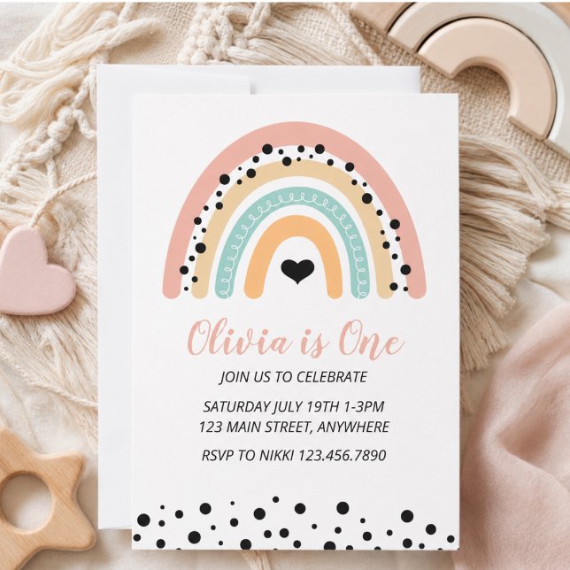 Convites Festa de 1º Aniversário Arco-íris & Corações (Rainbow & Hearts 1st Birthday Party Invitation)
