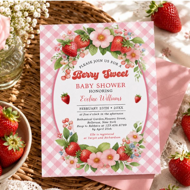 Convites Festa de 1º Aniversário Berry Sweet Morango (Berry Sweet Strawberry 1st Birthday Party Invitation)