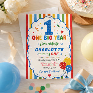 Convites Festa de 1º Aniversário Bold Rainbow One Big Year