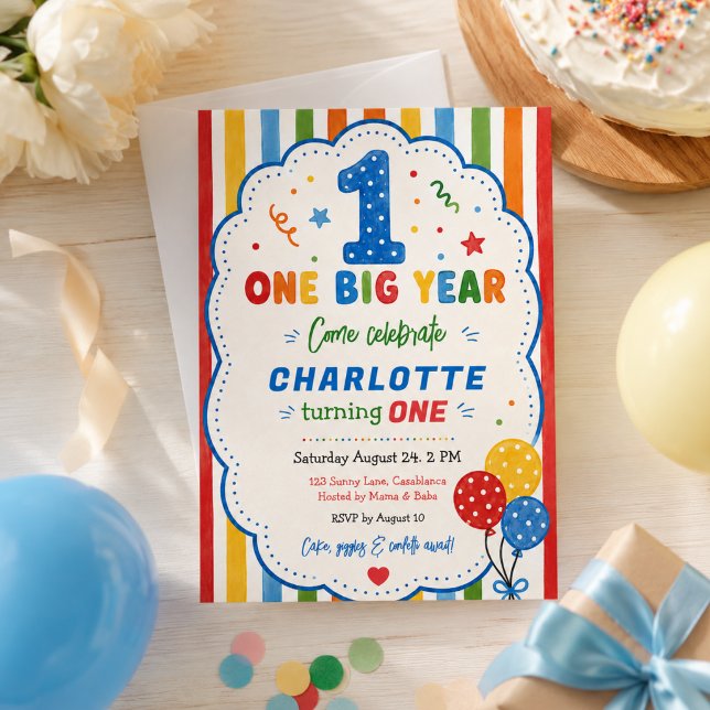 Convites Festa de 1º Aniversário Bold Rainbow One Big Year (Bold Rainbow One Big Year 1st Birthday party Invitation
)