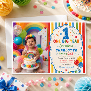 Convites Festa de 1º Aniversário Bold Rainbow One Big Year