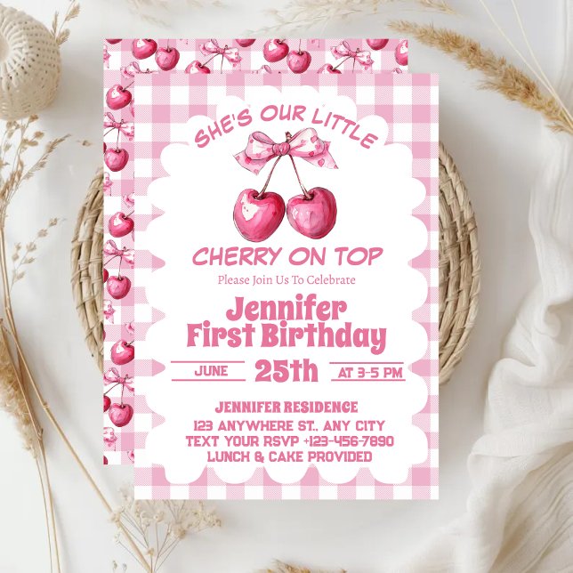 Convites Festa de 1º Aniversário Cherry On Top Coquette (Criador carregado)