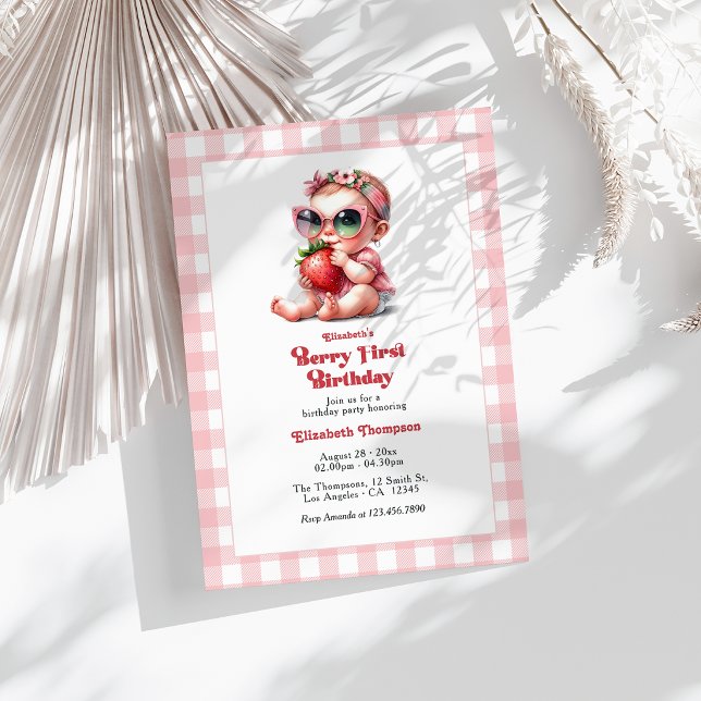 Convites Festa de 1º Aniversário com Xadrez Rosa e Morango (Pink Gingham & Strawberry Berry 1st Birthday Party Invitation)