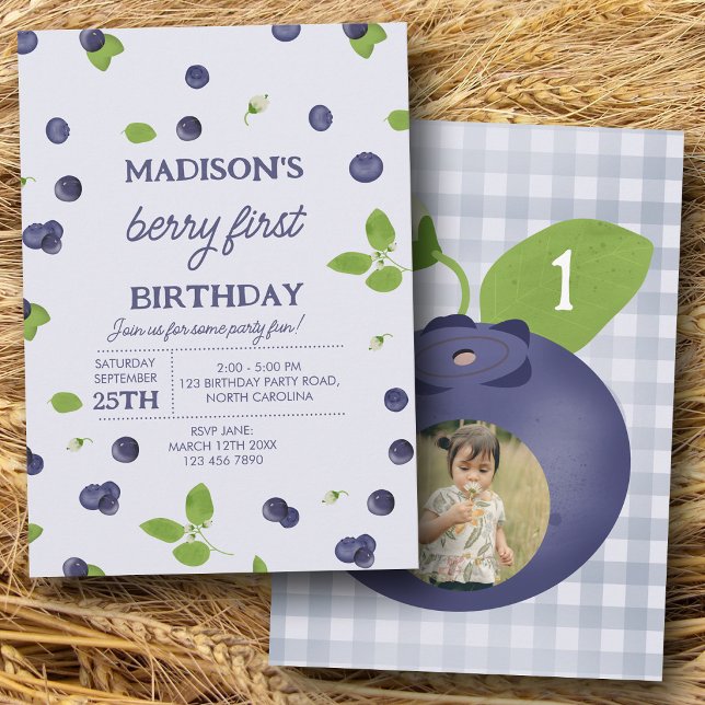 Convites Festa de 1º Aniversário da Berry First com Foto de (Berry First 1st One Birthday Blueberry Photo Invitation)