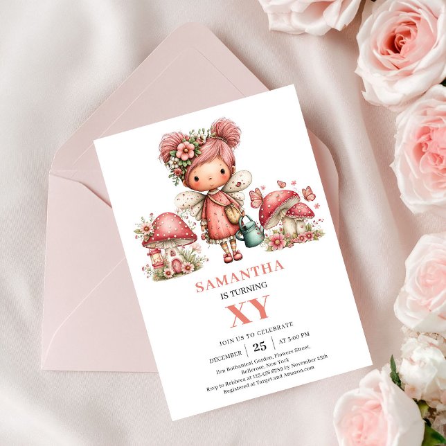 Convites Festa de 1º Aniversário da Fada Adorável com Flore (Adorable Fairy 1st Birthday Pink Floral Party Invitation)
