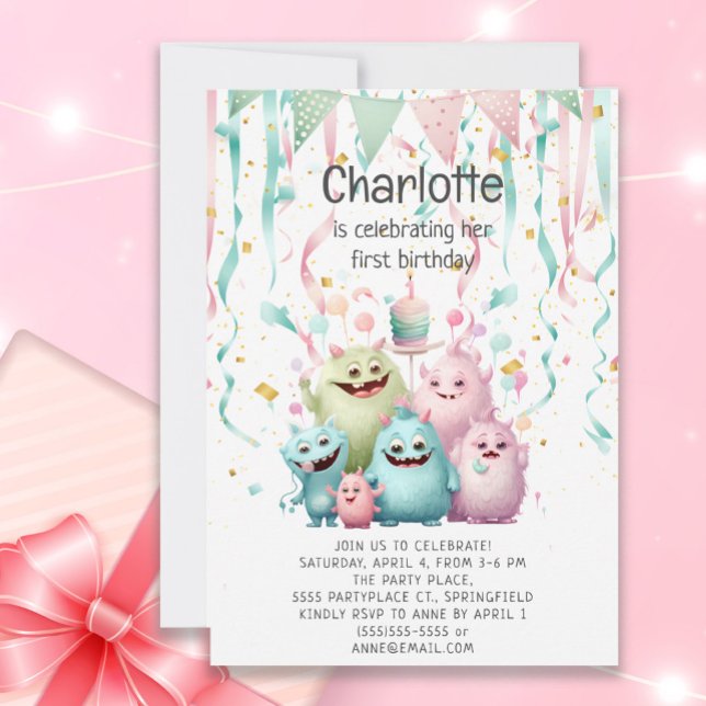 Convites Festa de 1º Aniversário da Menina Monstrinhos Fofo (Cute pastel "Little Monsters" 1st birthday party invitation for a little girl's celebration)