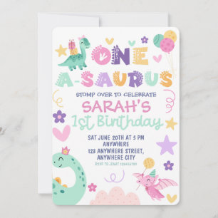 Convites Festa de 1º Aniversário da Menina Um A-Saurus Dino