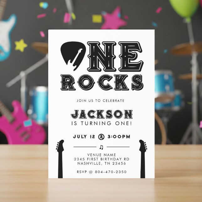 Convites Festa de 1º Aniversário da Púa de Guitarra One Roc (One Rocks Guitar Pick 1st Birthday Party Invitation
)