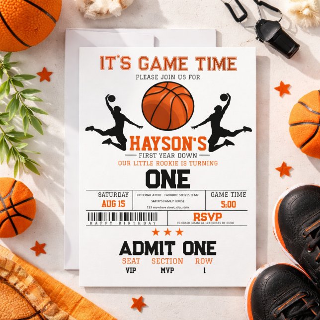 Convites Festa de 1º Aniversário de Basquete First Year Dow (First Year Down Basketball 1st Birthday Party Invitation)