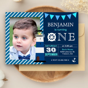 Convites Festa de 1º Aniversário de Bebê Menino Azul Marinh