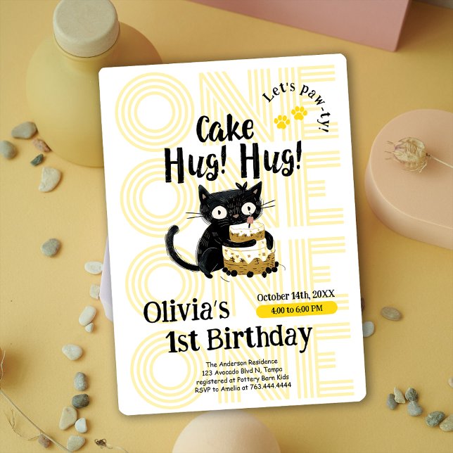 Convites Festa de 1º Aniversário de Gato Preto Engraçado (Cute Black Cat 1st Birthday Party Invitation)