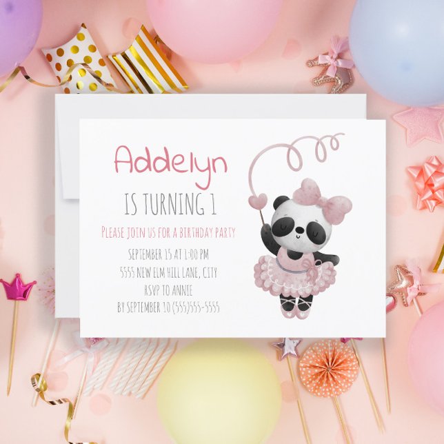 Convites Festa de 1º Aniversário de Menina com Urso Panda F (Criador carregado)