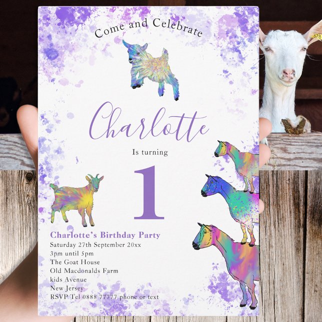Convites Festa de 1º Aniversário de Meninas Aquarela Cabras (Cute goat themed 1st birthday party invitation purple watercolor splash and colorful goats)