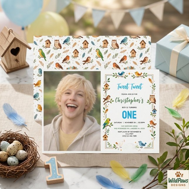 Convites Festa de 1º Aniversário de Pássaros Fofos – Foto d (Cute Birds 1st Birthday Party – Fun Kids photo Invitation
)