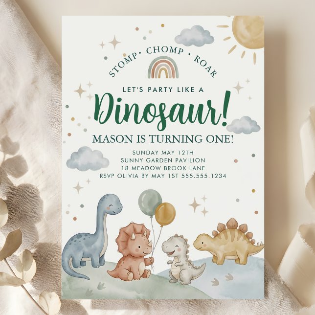 Convites Festa de 1º Aniversário do Dinossauro Rawr Chomp R (Dinosaur Rawr Chomp Rawr 1st Birthday Party Boy Invitation)