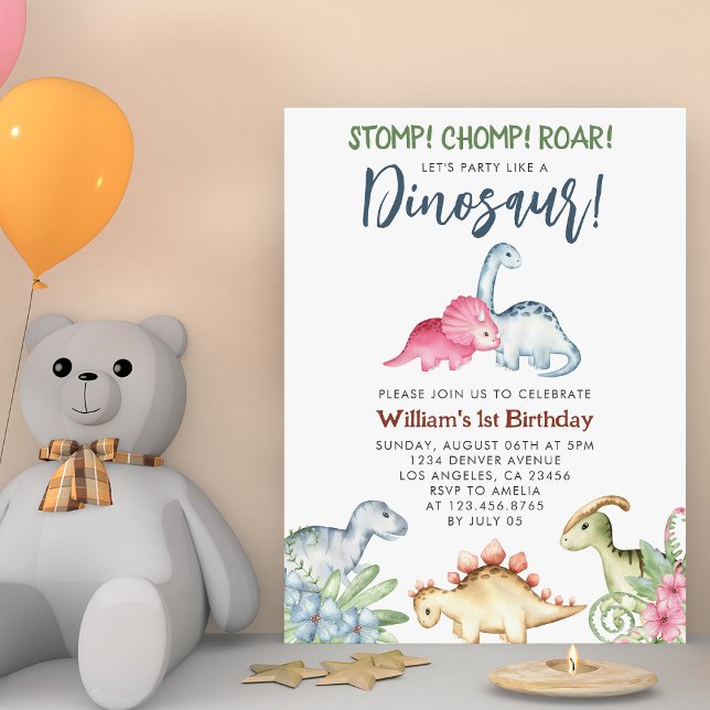 Convites Festa de 1º Aniversário do Dinossauro Stomp Chomp  (Dinosaur 1st Birthday Party Stomp Chomp Roar Boy Invitation
)