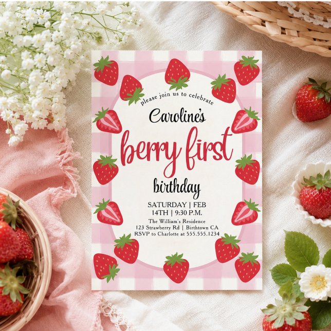 Convites Festa de 1º Aniversário do Morango (Strawberry 1st Birthday Party Berry Invitation)