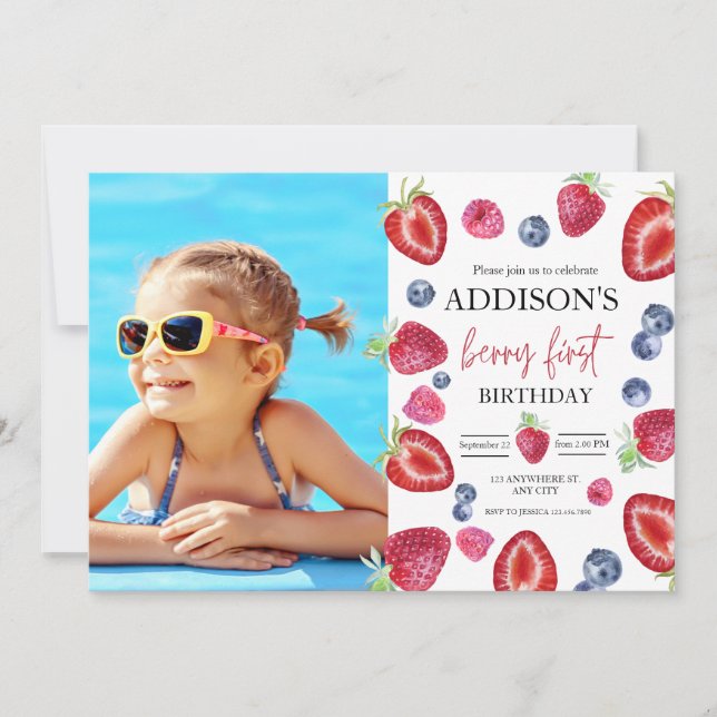 Convites Festa de 1º Aniversário do Morango Foto Berry Prim (Frente)