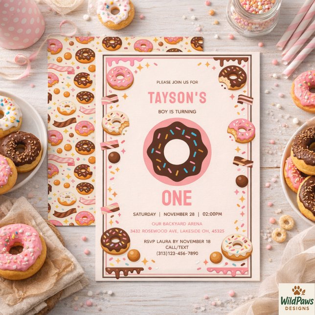 Convites Festa de 1º Aniversário do Sweet One Donut | Donut (Sweet One Donut 1st Birthday Party | Cute Donut Invitation
)