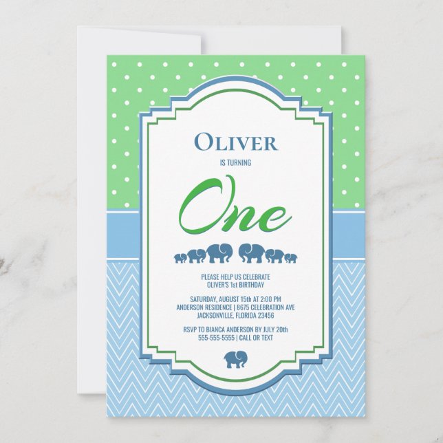 Convites Festa de 1º Aniversário Elefantes Azuis (Frente)