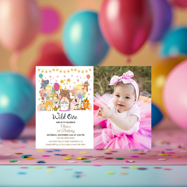 Convites Festa de 1º Aniversário Floresta Selvagem Menina (woodland forest wild one birthday party horizontal photo invitation)