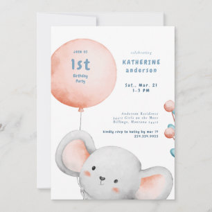 Convites Festa de 1º Aniversário Little Mouse Blush & Blue