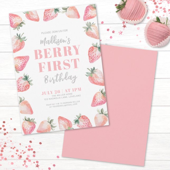 Convites Festa de 1º Aniversário Morango Berry (Strawberry Berry Sweet Baby Shower Invitation)