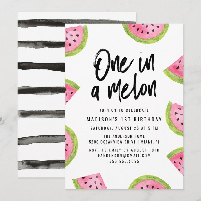 Convites Festa de 1º Aniversário One in a Melon (Frente/Verso)