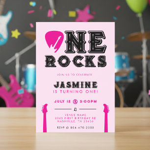Convites Festa de 1º Aniversário One Rocks Guitar Pick Rosa