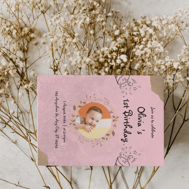 Convites Festa de 1º Aniversário Rosa Elegante Fofa (Pink Elegant Cute 1st Birthday Party Invitation
)