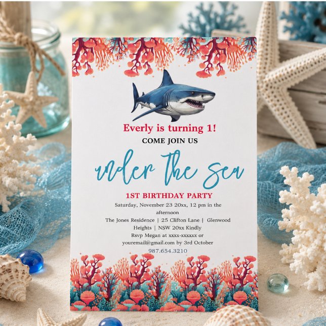 Convites Festa de 1º Aniversário Sob o Mar (Under the Sea 1st Birthday Party Invitation)