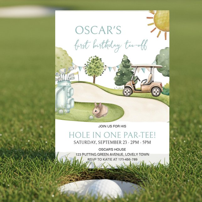 Convites Festa de 1º Aniversário tema Golfe Hole in One Par (Hole in one 1st Birthday Par-tee invitation. Tee-off your celebrations with this cute invite!)