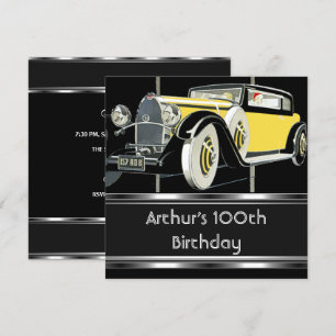 Convites Festa de 100º Aniversário Carro Antigo Preto Homen