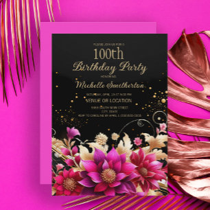 Convites Festa de 100 anos Black Gold Pink Floral