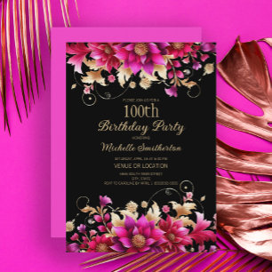Convites Festa de 100 Anos Black Pink Gold Floral