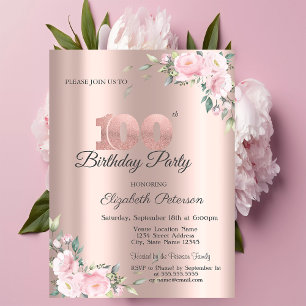 Convites Festa de 100 Anos Chic Rosa Floral Dourado Rosa