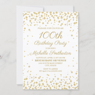 Convites Festa de 100 anos com Brilho Dourado Branco