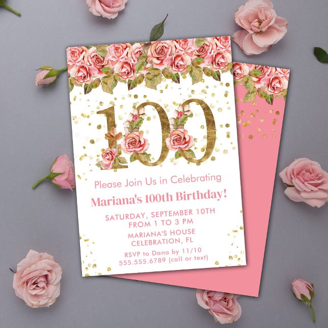 Convites Festa de 100 Anos com Glitter Dourado e Floral Ros (Criador carregado)