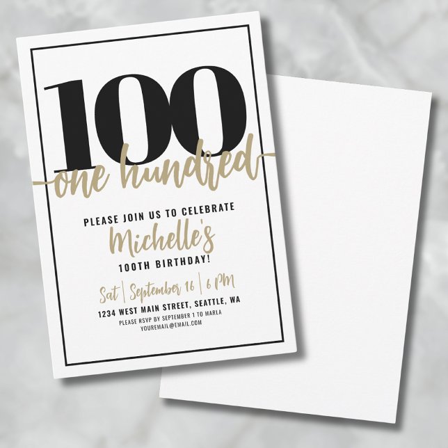 Convites Festa de 100 Anos de Caligrafia Moderna a Ouro (Modern 100th Birthday Party Invitation)