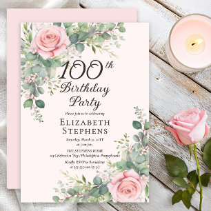 Convites Festa de 100 anos Elegante Rosa Beije e Eucalipto