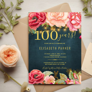 Convites Festa de 100 anos florais elegante aniversário de 