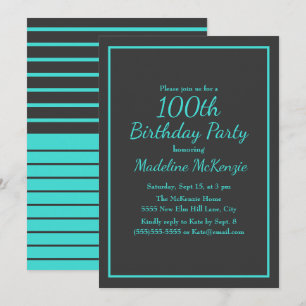 Convites Festa de 100 Anos Listrada em Turquesa Preta