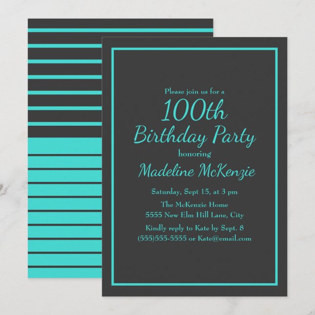 Convites Festa de 100 Anos Listrada em Turquesa Preta (Frente/Verso)