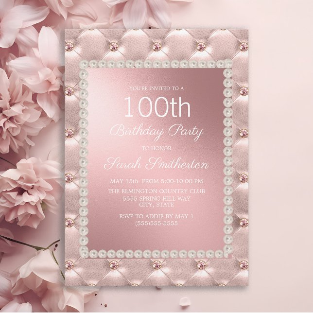 Convites Festa de 100 anos Rosa Dourado Bege Rosa Branco (Elegant pink tufted women's 100th birthday party invitation)